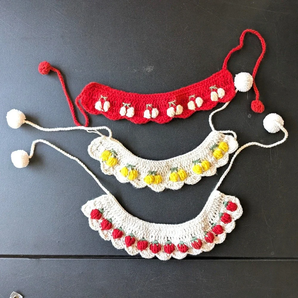 Hand Crocheted Fruit Collar Set Cherry Lemon Strawberry Costume Pet Doll 3 Pc